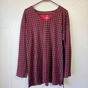 Simply Supima Plaid V-Neck Tunic Top Sz Large Red Black Lightweight Casual DD686